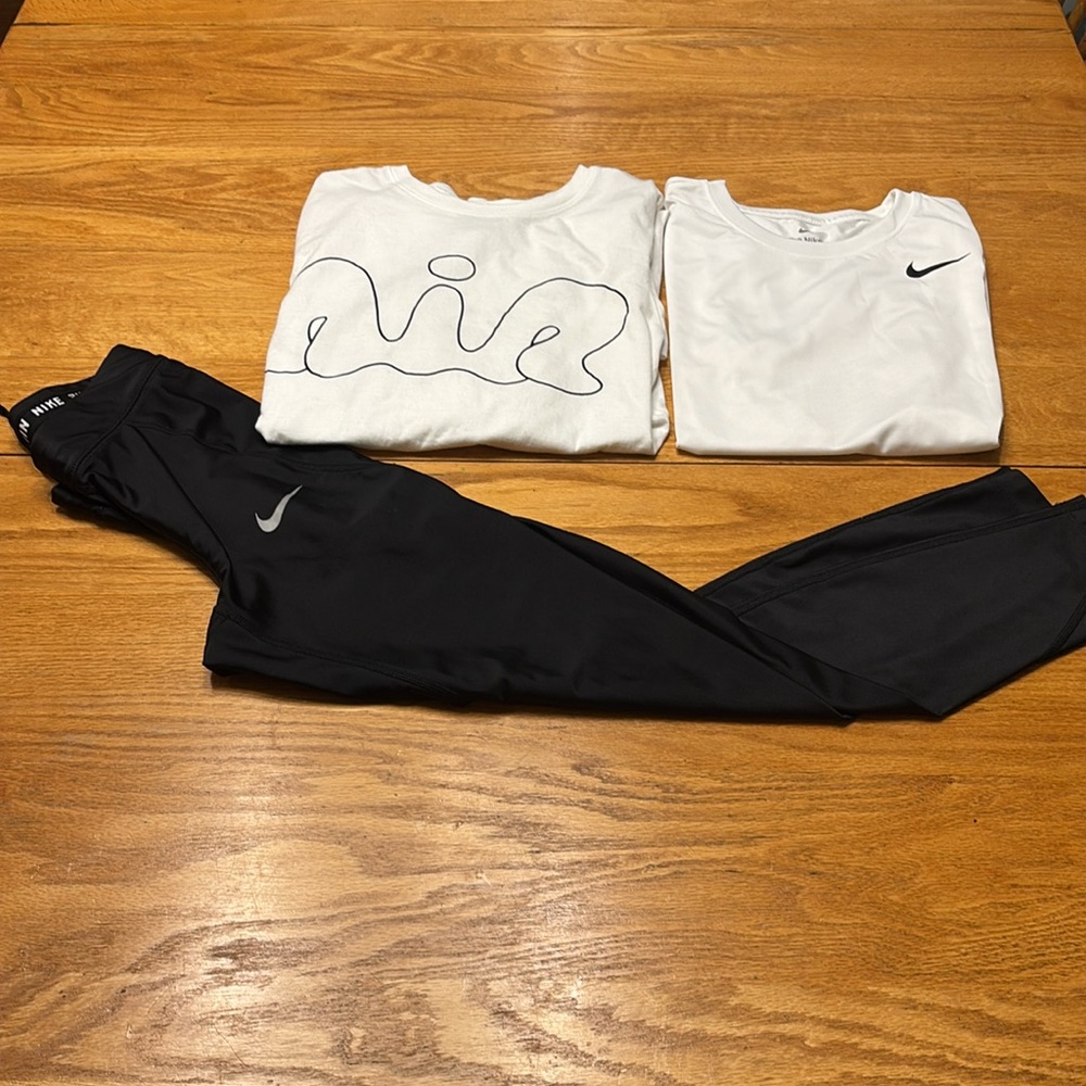 Two Nike Girls White shirts and Black Leggings Combo a short and long sleeve T. - Picture 2 of 14